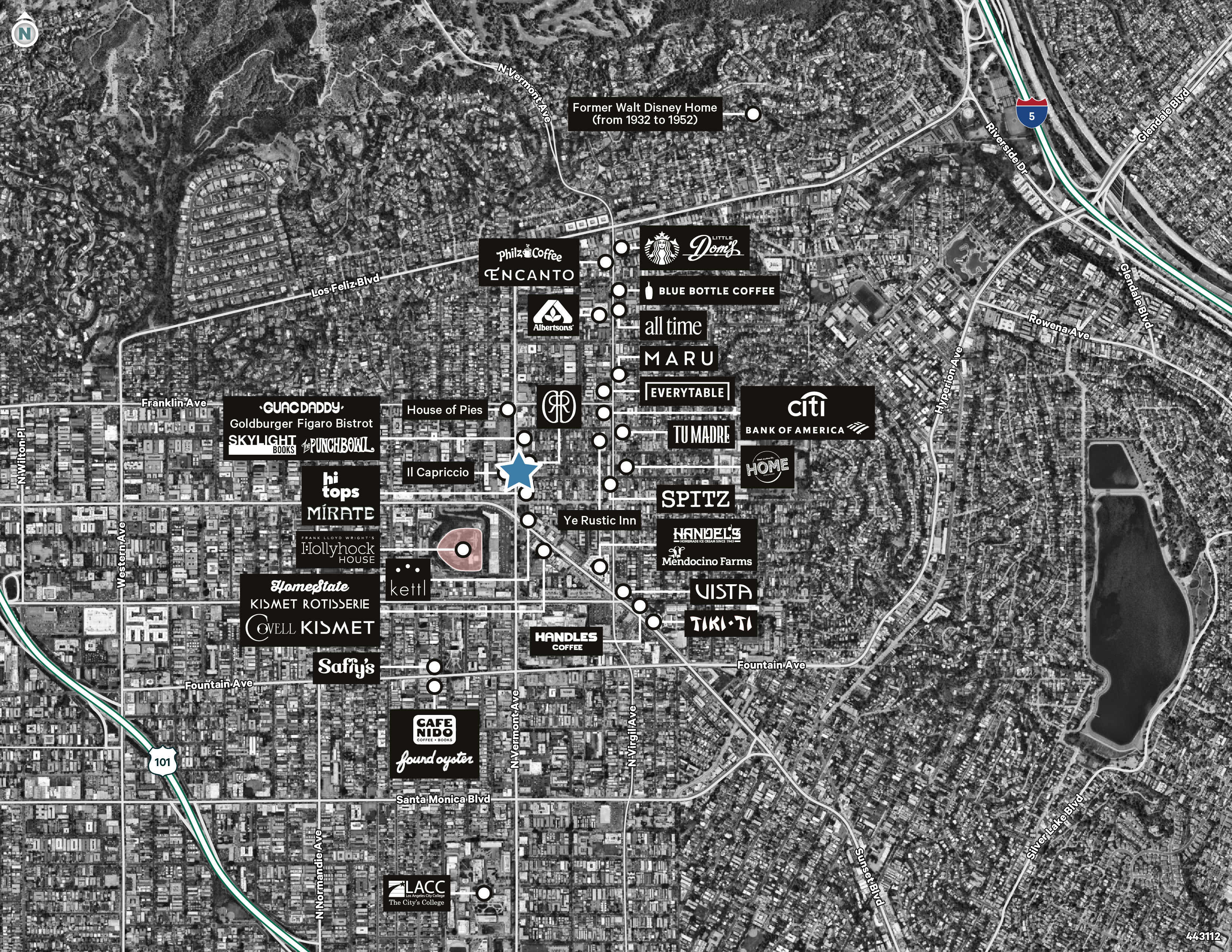 Regional context map of Los Feliz marking 1748–1750 N Vermont at Vermont & Kingswell within the surrounding hospitality and retail ecosystem.